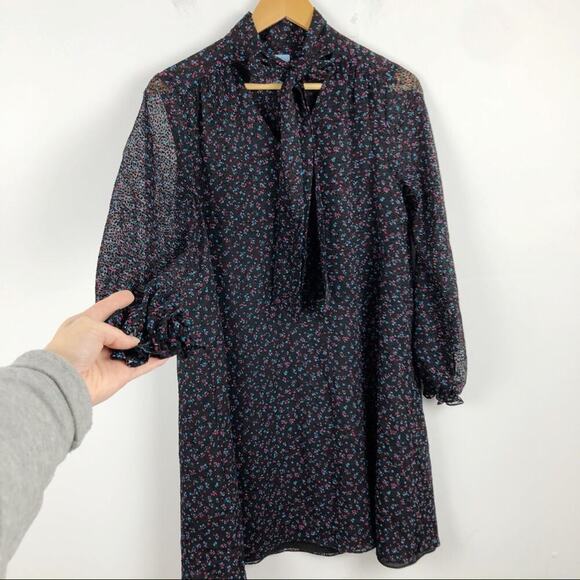CeCe Long Sleeve Black Dress Wisttful Blooms Size 4 Retro Ditzy-floral Tie Neck - Picture 4 of 16